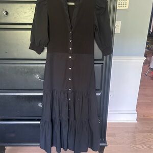 Veronica Beard Black Puff Sleeve V-Neck Dress